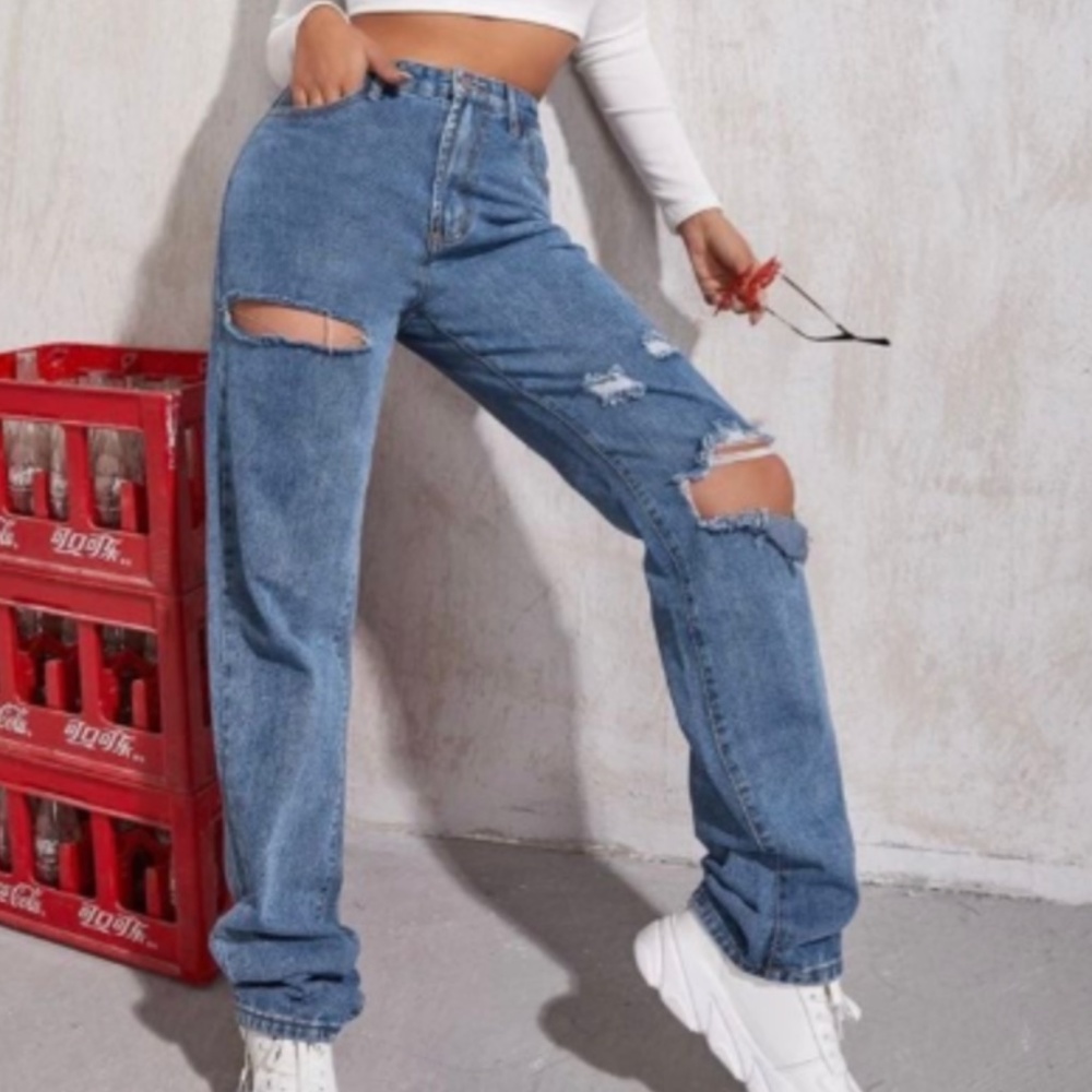 SHEIN High Waist Straight Leg Jean Large Ripped Busted Knee Denim Casual